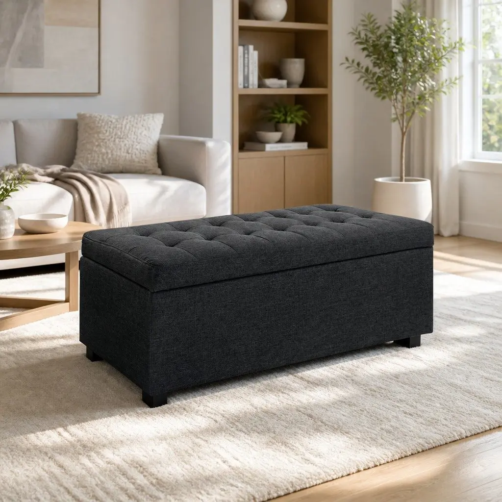 Charcoal Faux Linen Storage Ottoman with Lift-Up Lid