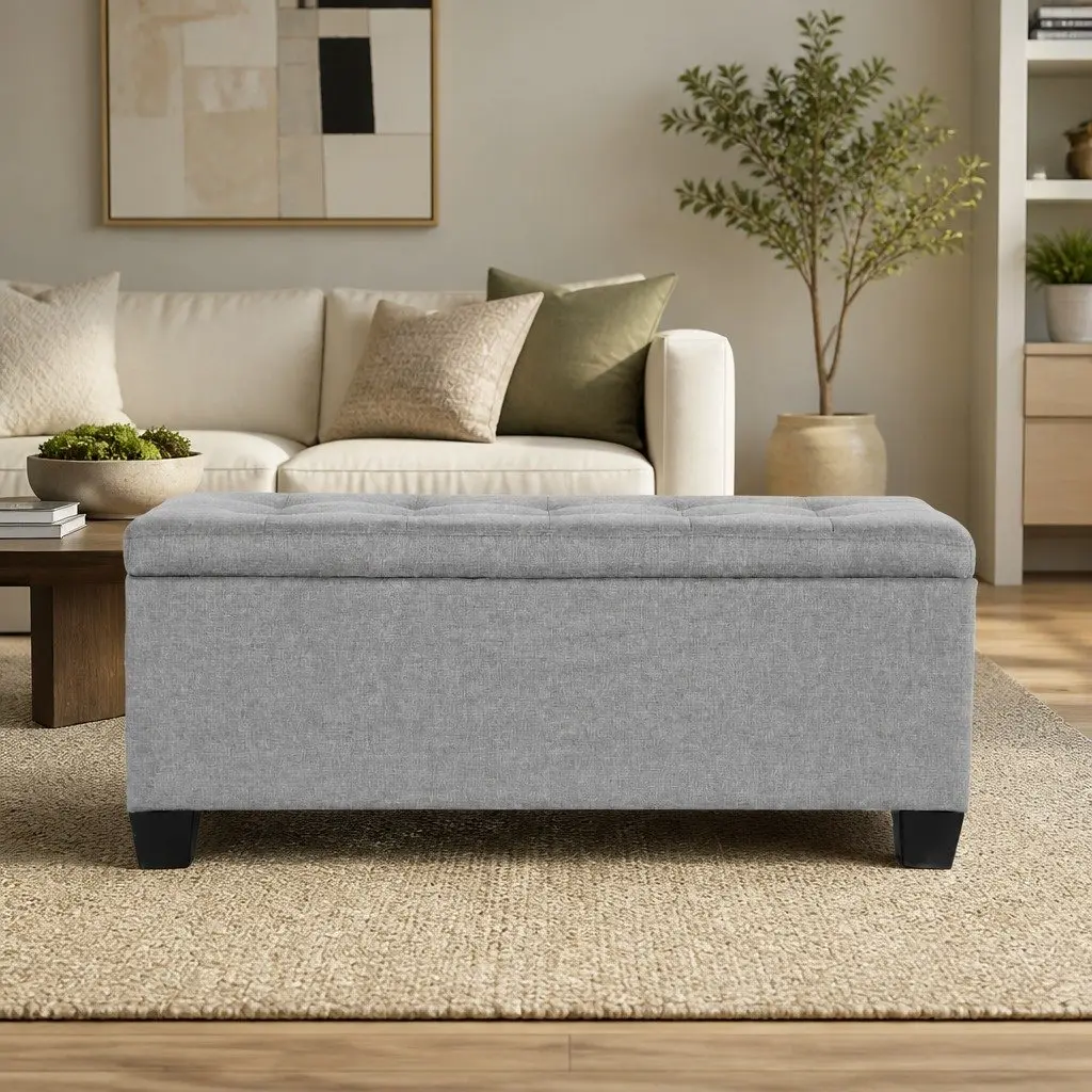 Light Grey Linen Storage Ottoman with Lift-up Lid