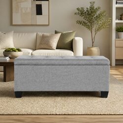 Light Grey Linen Storage Ottoman with Lift-up Lid