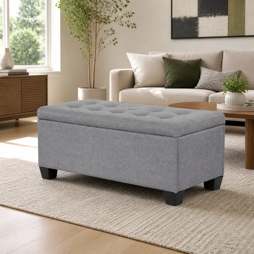 Grey Linen Storage Ottoman with Lift-Up Lid