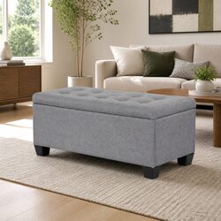 Durable Grey Linen Storage Ottoman with Lift-Up Lid