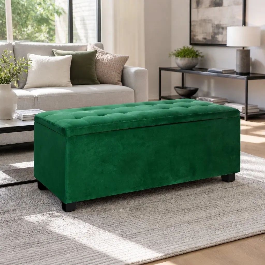 Storage Ottoman Blanket Box 97cm Velvet Upholstered Tufted Seat with Lift-up Lid