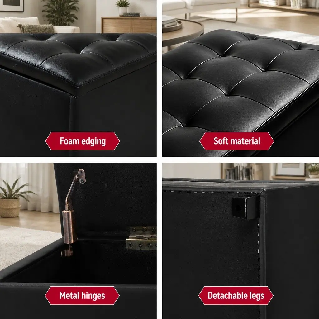 Storage Ottoman Faux PU Leather 97cm Black Lift-Top Furniture Living Room Footrest