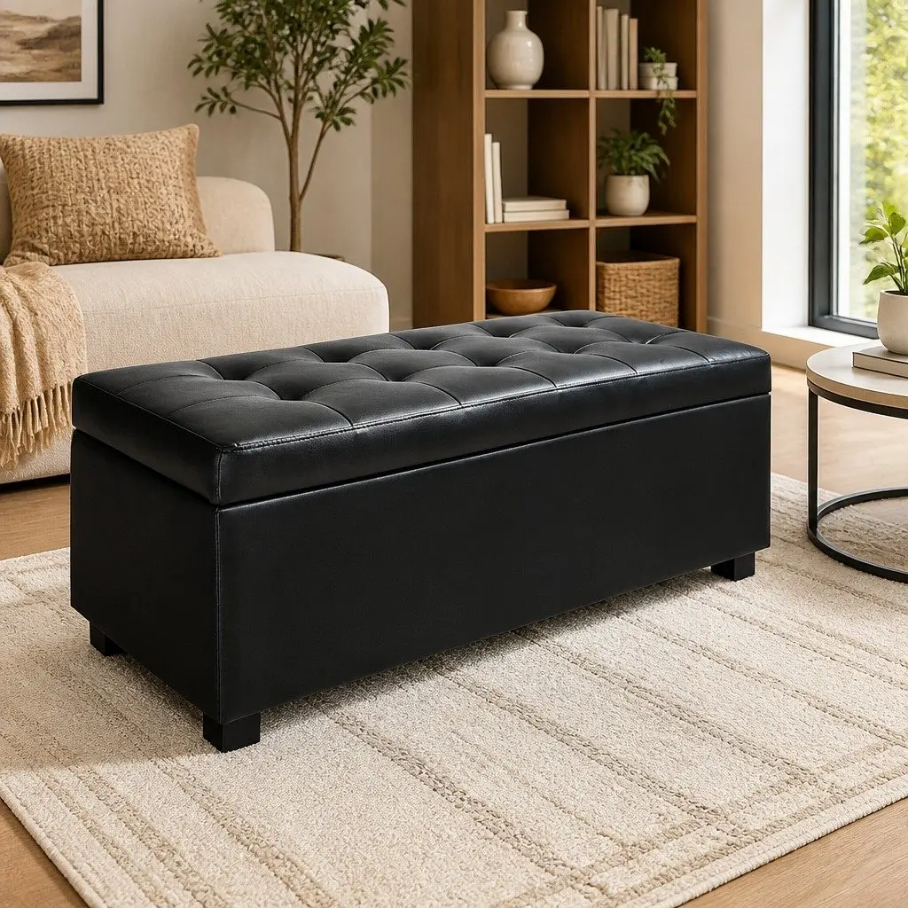 Storage Ottoman Faux PU Leather 97cm Black Lift-Top Furniture Living Room Footrest