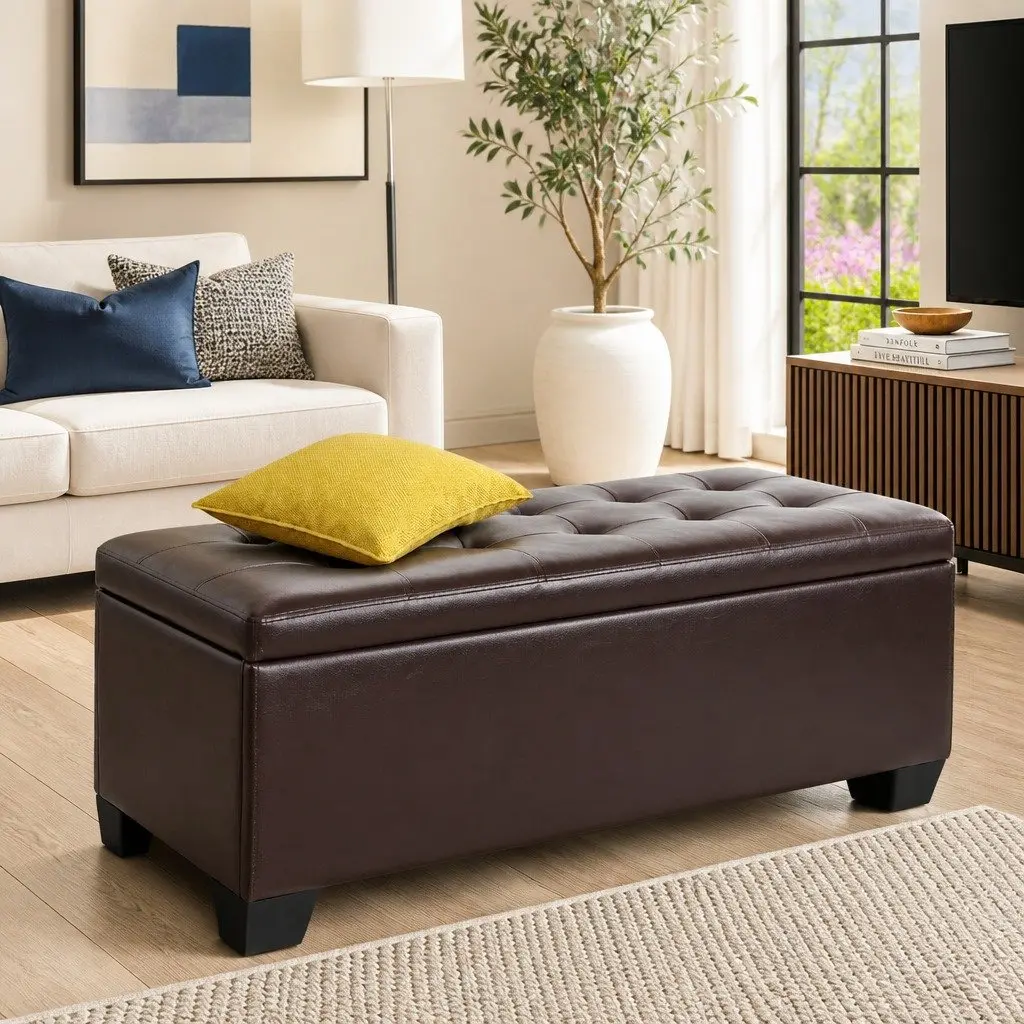 Brown Faux Leather Storage Ottoman with Lift-Up Lid 97cm