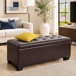 Brown Faux Leather Storage Ottoman with Lift-Up Lid 97cm