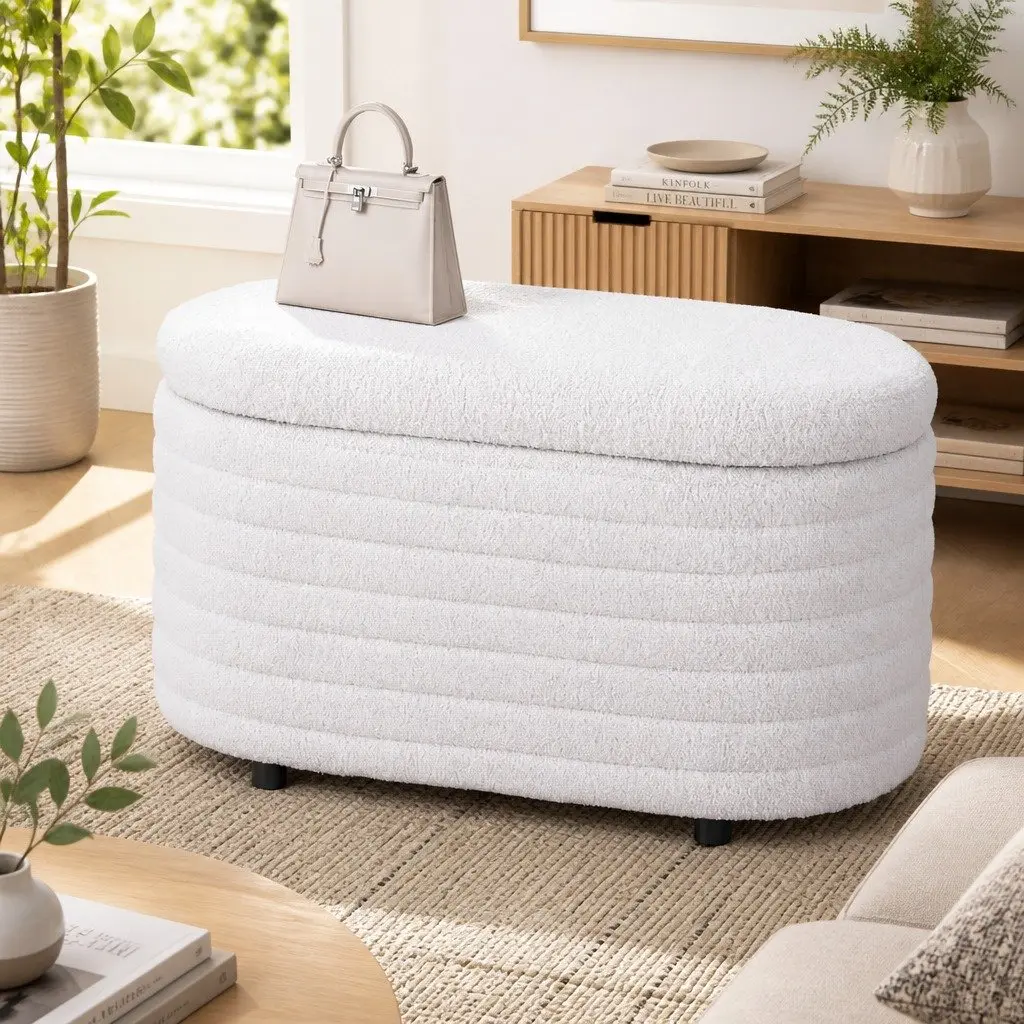 Storage Ottoman Boucle Fabric 87cm Oval White Upholstered Hinged Lid Footstool