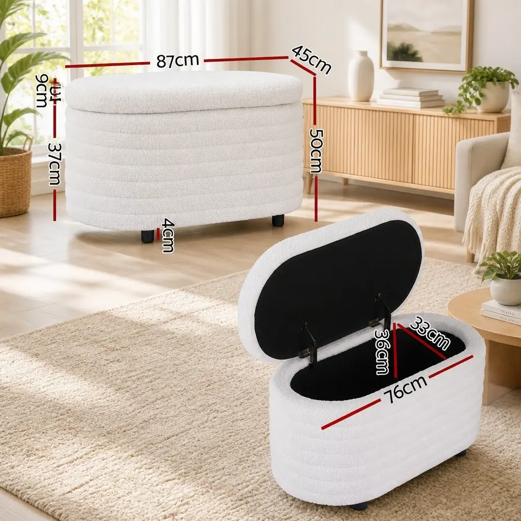 Storage Ottoman Boucle Fabric 87cm Oval White Upholstered Hinged Lid Footstool