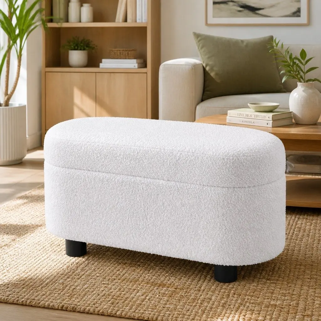 Storage Ottoman Boucle Fabric 87cm Oval White Upholstered Hinged Lid Footstool