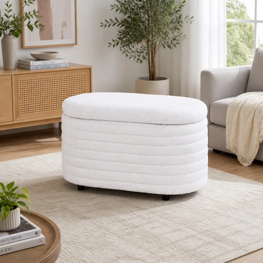 Storage Ottoman Boucle Fabric 87cm Oval White Upholstered Hinged Lid Footstool