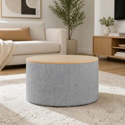 60cm Round Grey Storage Ottoman with Faux Linen Upholstery
