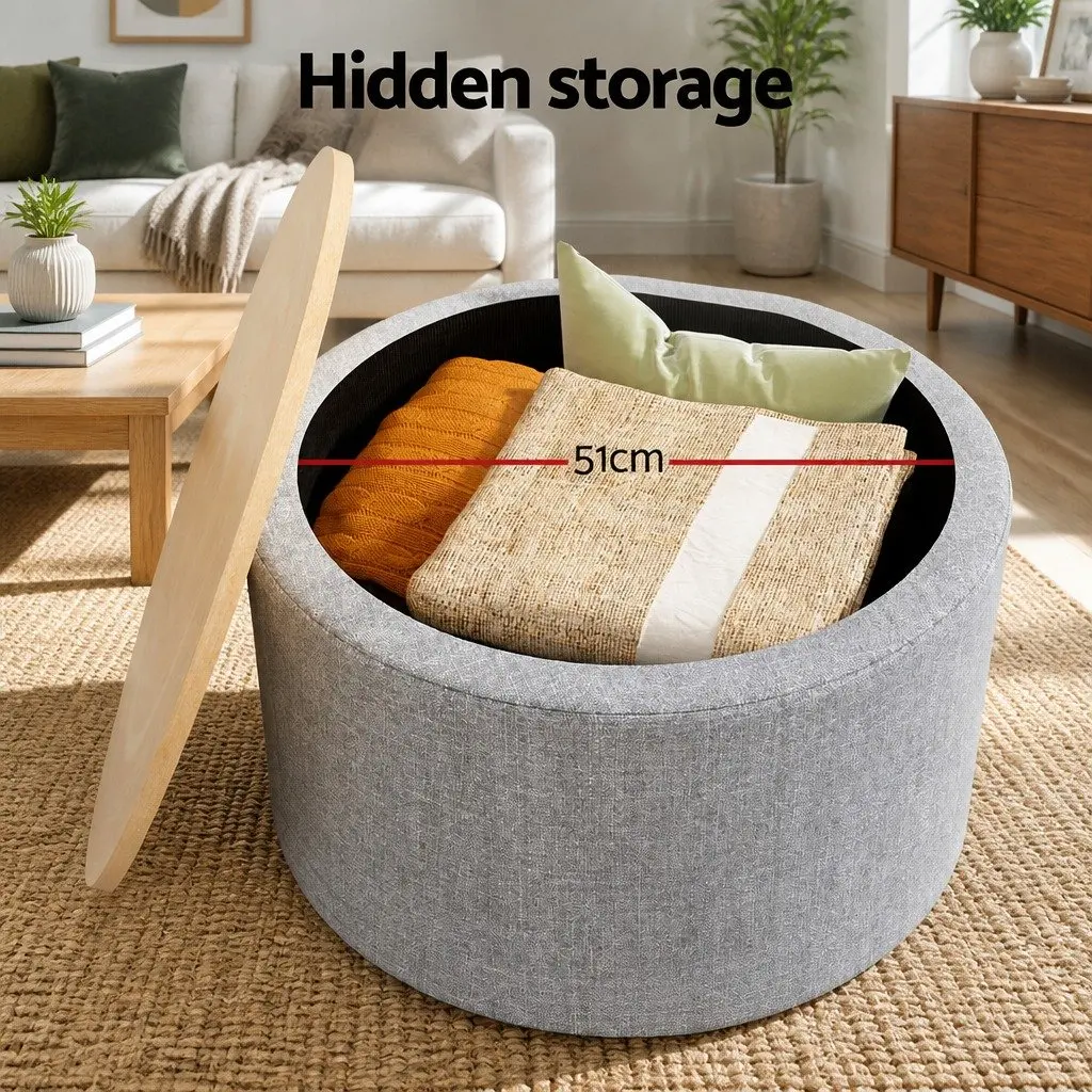 Round Storage Ottoman Faux Linen 60cm Grey