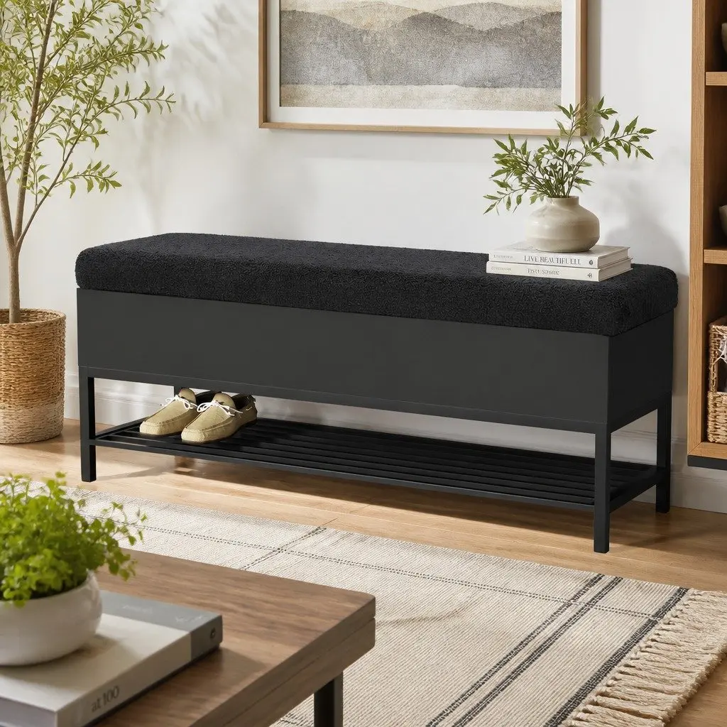 Ottoman Bench Storage Box Black Boucle Upholstered 110cm with Open Shelf and Hidden Compartment
