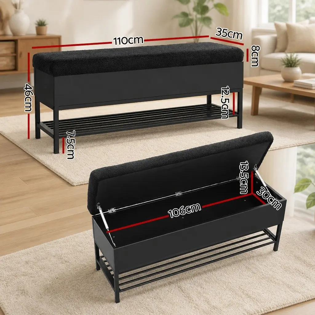Ottoman Bench Storage Box Black Boucle Upholstered 110cm with Open Shelf and Hidden Compartment