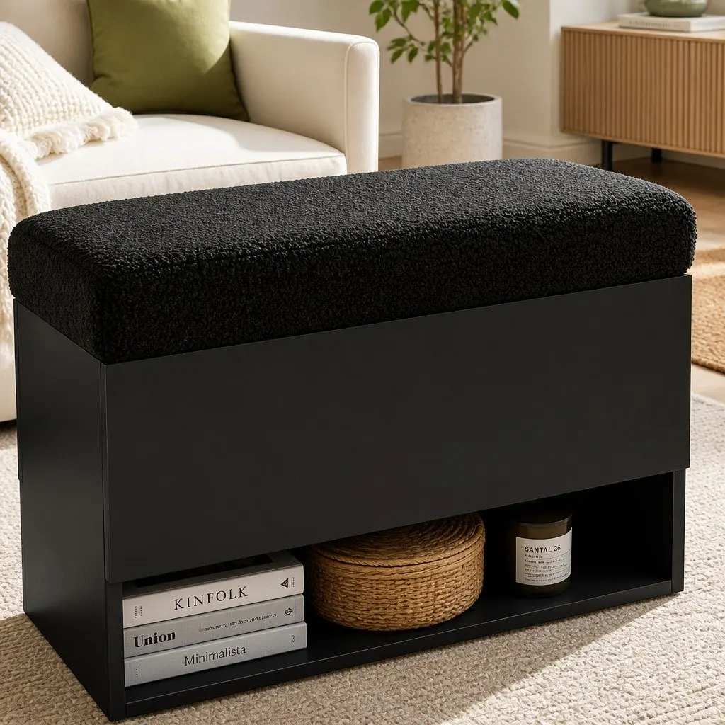 Ottoman Bench Storage Box Black Boucle Upholstered 110cm with Open Shelf and Hidden Compartment