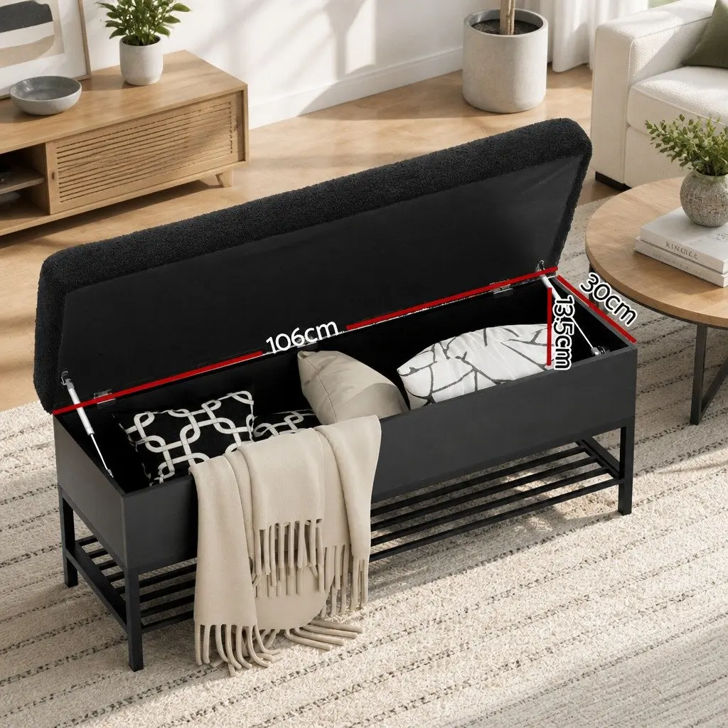 Ottoman Bench Storage Box Black Boucle Upholstered 110cm with Open Shelf and Hidden Compartment