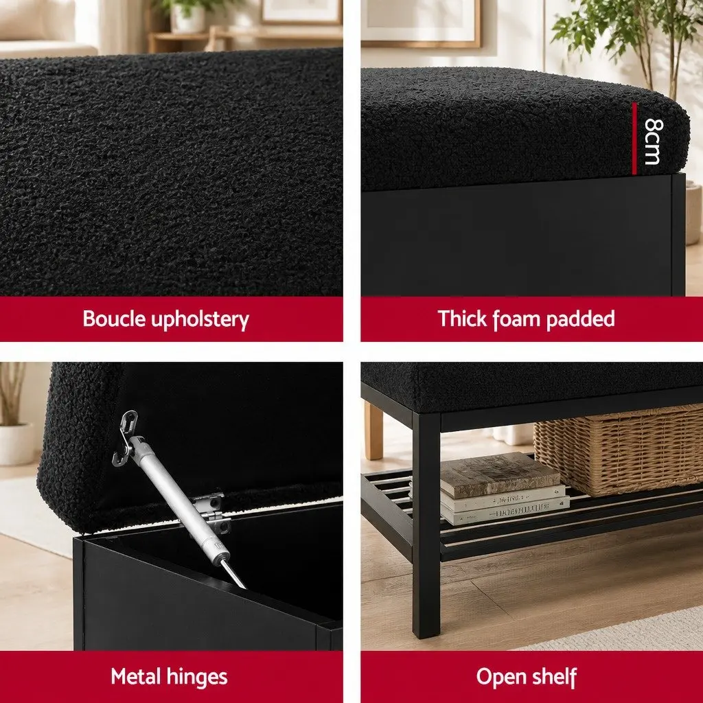 Ottoman Bench Storage Box Black Boucle Upholstered 110cm with Open Shelf and Hidden Compartment