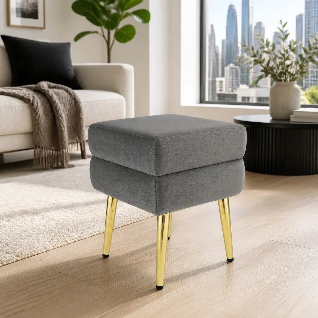 Grey Velvet Ottoman Footstool with Storage and Metal Legs