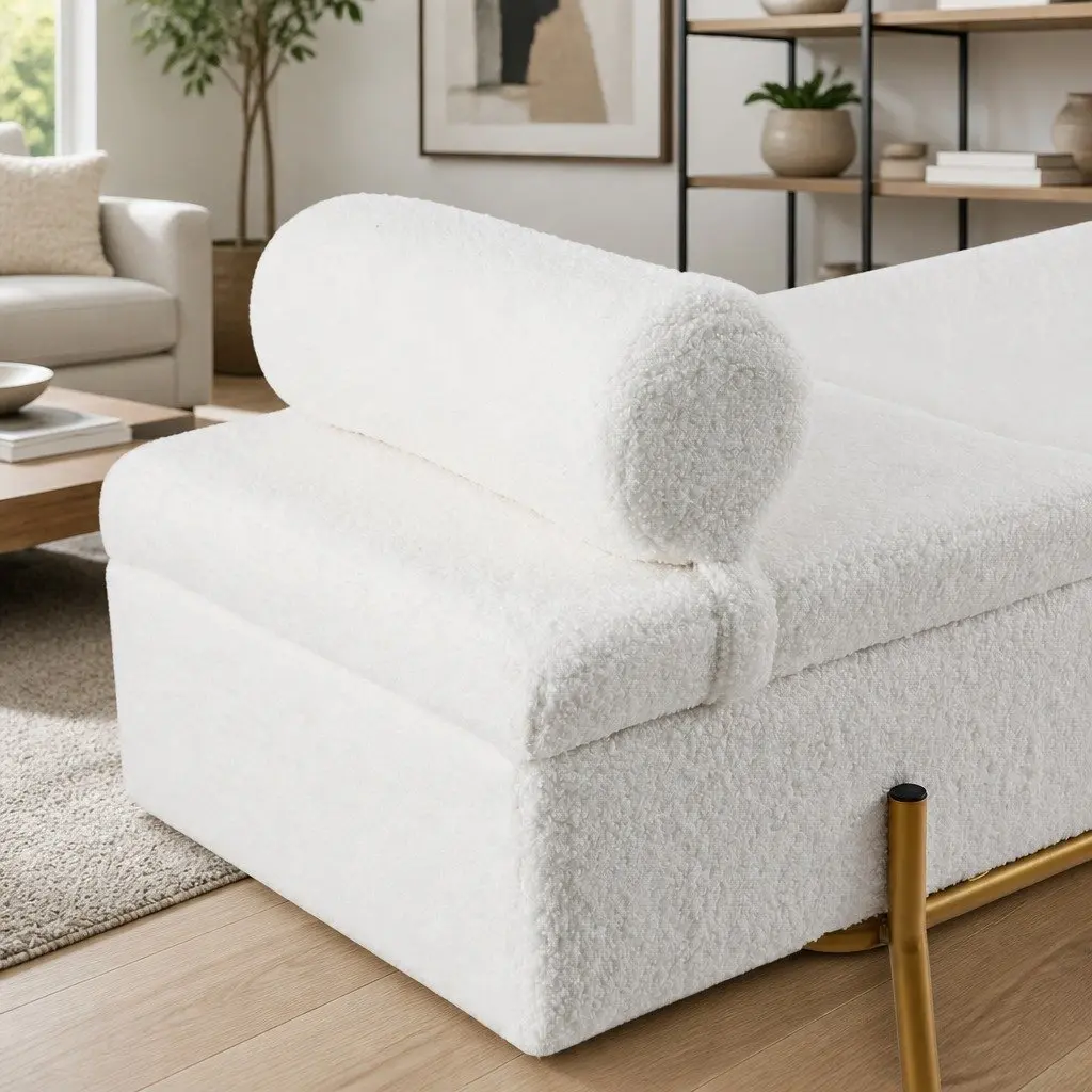 Storage Ottoman Boucle Fabric 140cm White with Hidden Compartment and Detachable Pillow
