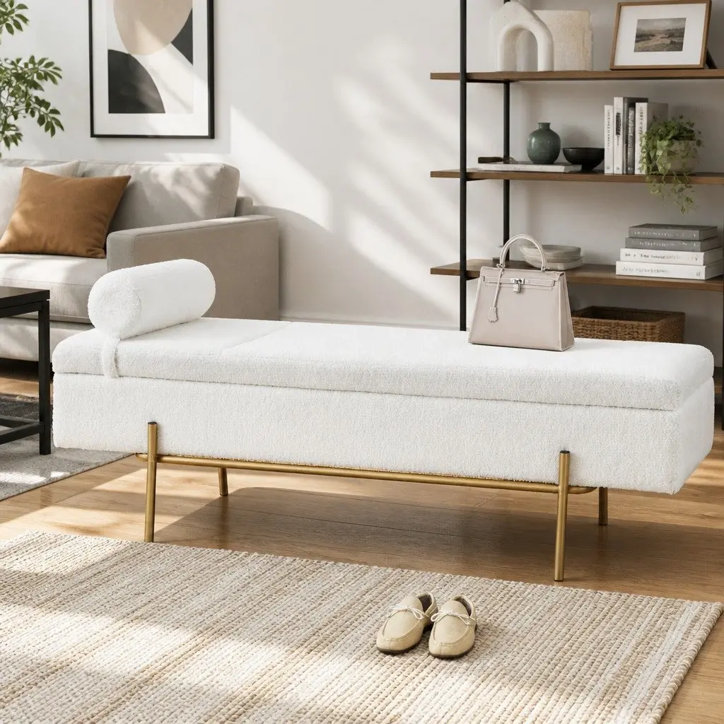 Storage Ottoman Boucle Fabric 140cm White with Hidden Compartment and Detachable Pillow