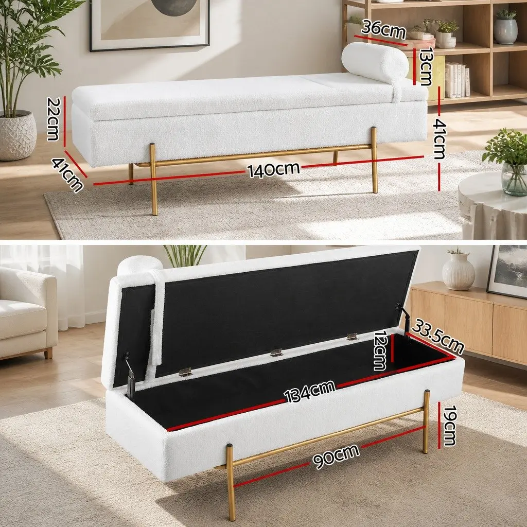 Storage Ottoman Boucle Fabric 140cm White with Hidden Compartment and Detachable Pillow