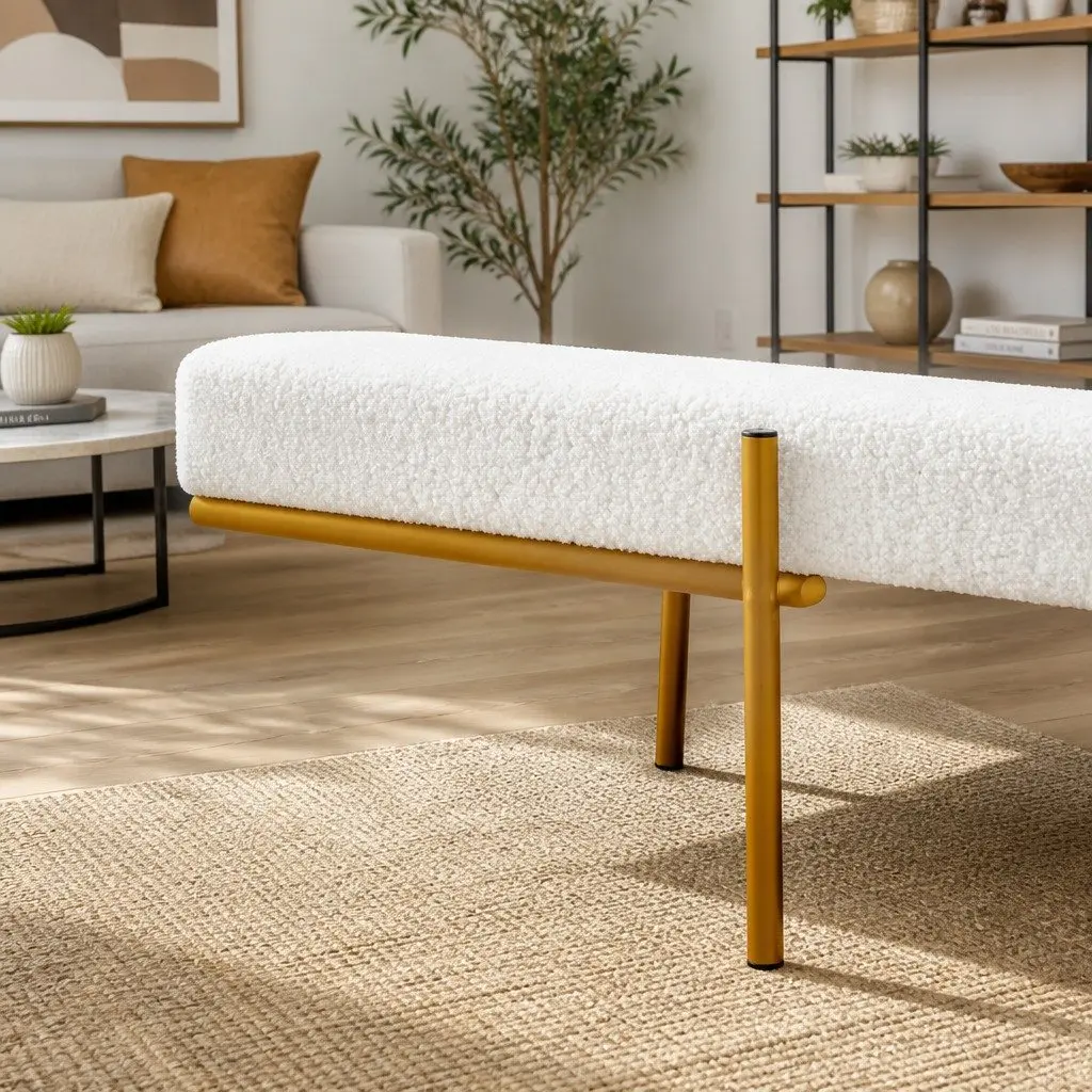 Storage Ottoman Boucle Fabric 140cm White with Hidden Compartment and Detachable Pillow