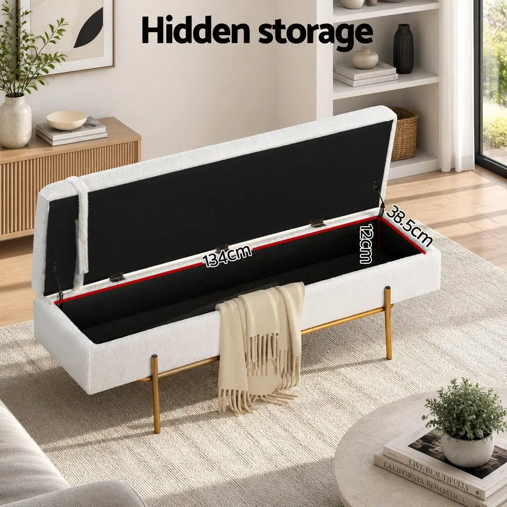 Storage Ottoman Boucle Fabric 140cm White with Hidden Compartment and Detachable Pillow