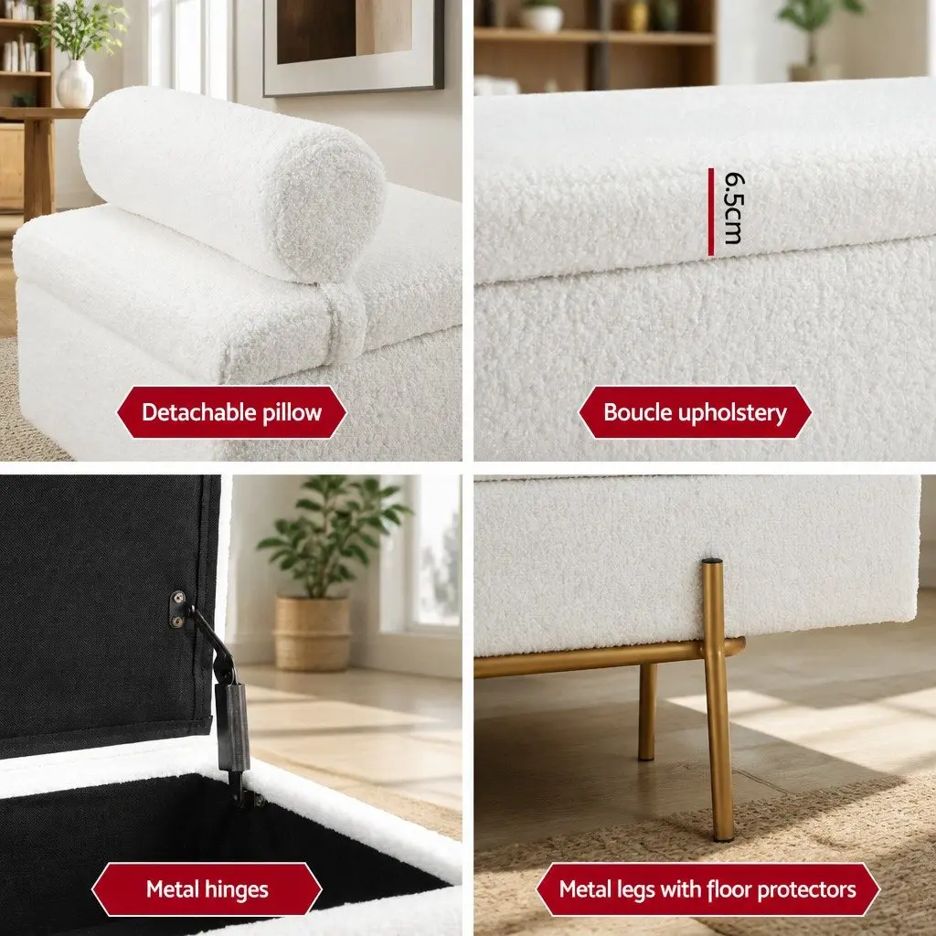 Storage Ottoman Boucle Fabric 140cm White with Hidden Compartment and Detachable Pillow