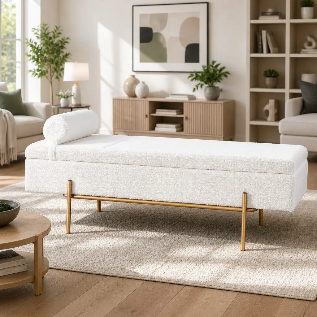 Storage Ottoman Boucle Fabric 140cm White with Hidden Compartment and Detachable Pillow