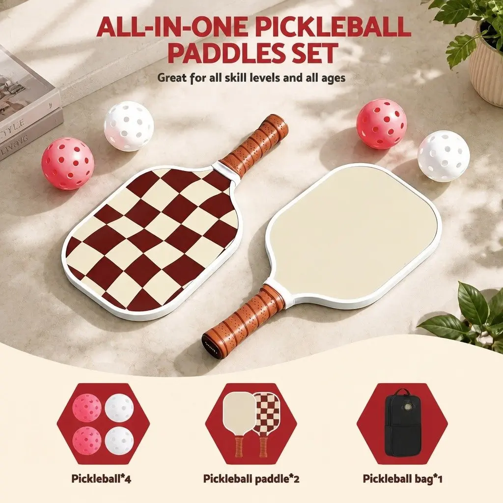 Pickleball Paddle Set Fibreglass Honeycomb Core Burgundy 2 Paddles 4 Balls Carry Bag