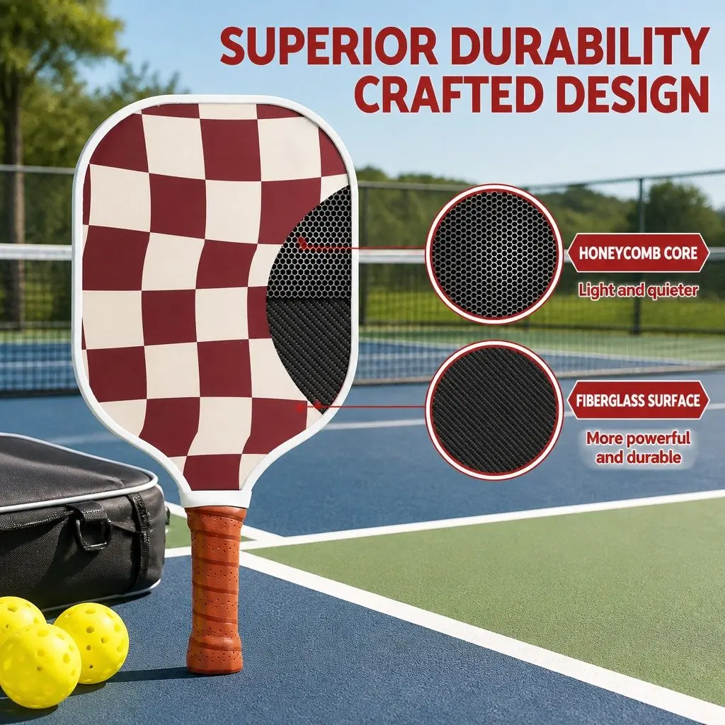 Pickleball Paddle Set Fibreglass Honeycomb Core Burgundy 2 Paddles 4 Balls Carry Bag