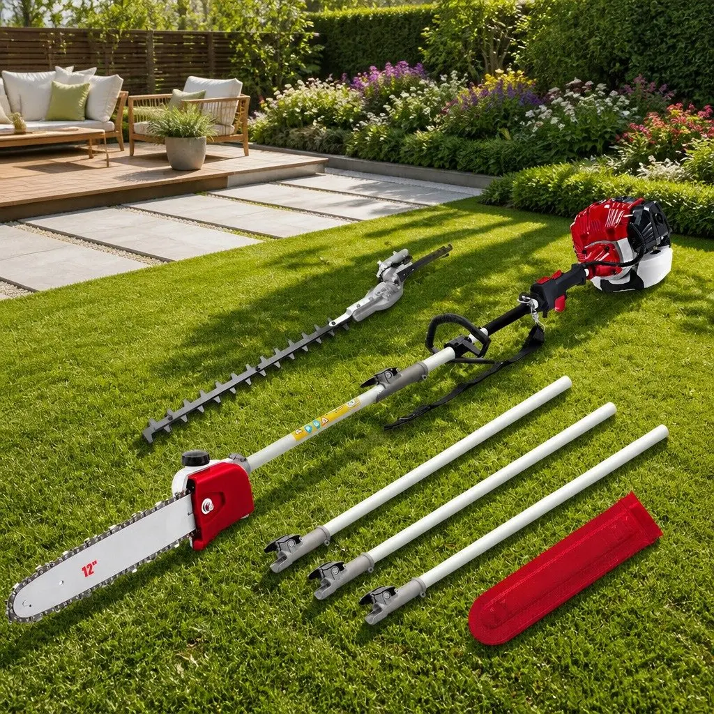 Pole Chainsaw Petrol 52cc 12 Inch Bar Hedge Trimmer Black Red