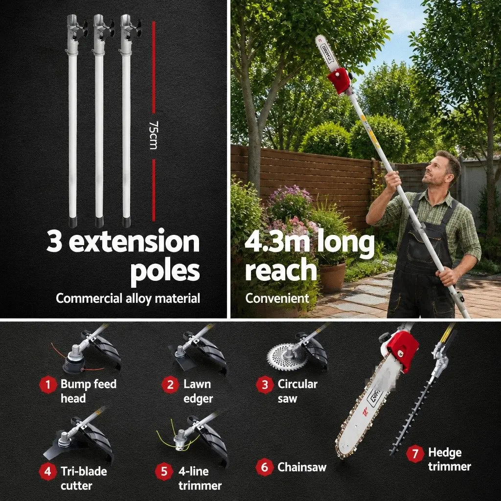 52cc 2-Stroke Petrol Pole Chainsaw with Multi-Tool Attachments