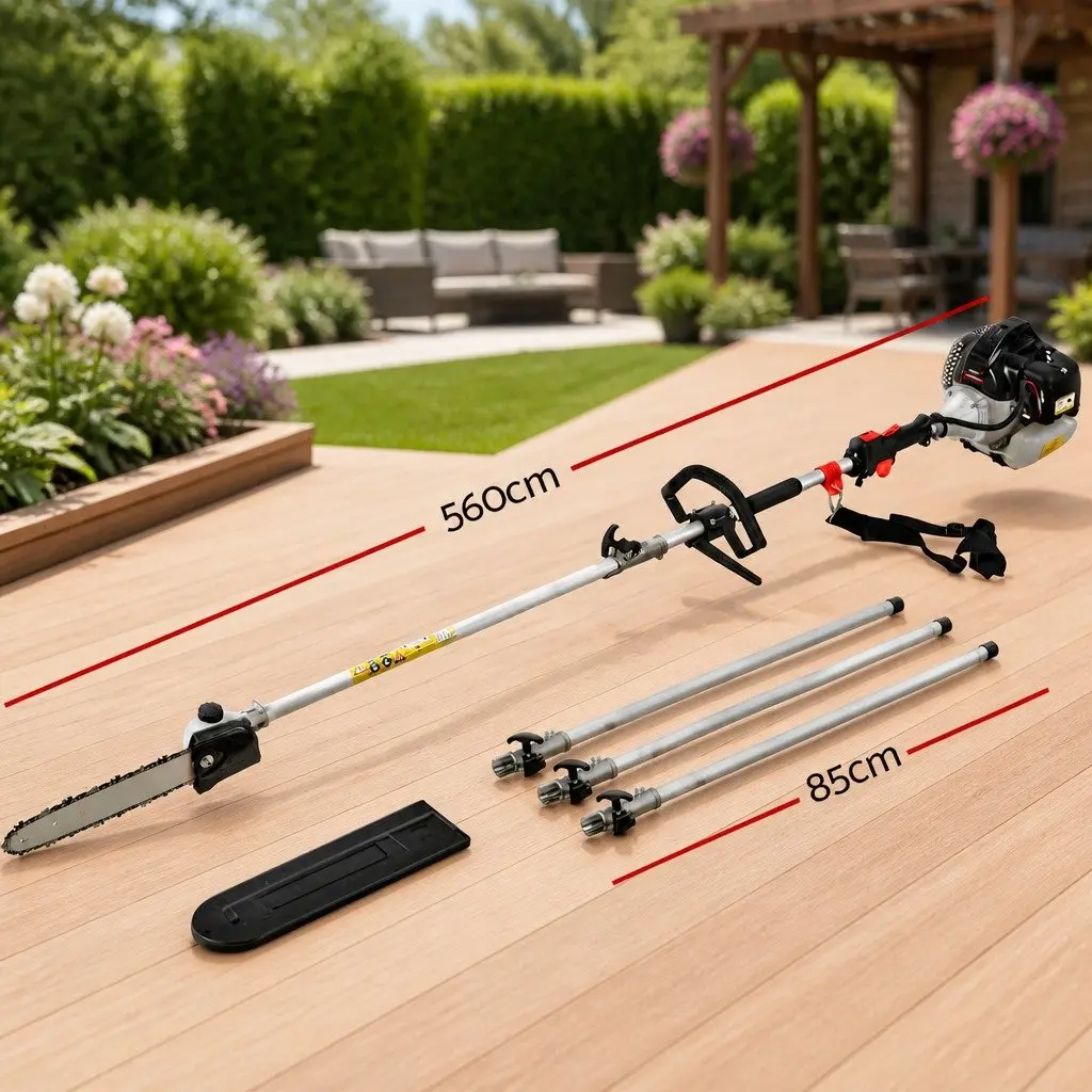 65CC Petrol Chainsaw Pruning Tool Anodised Alloy 5.6 Metres Silver Black