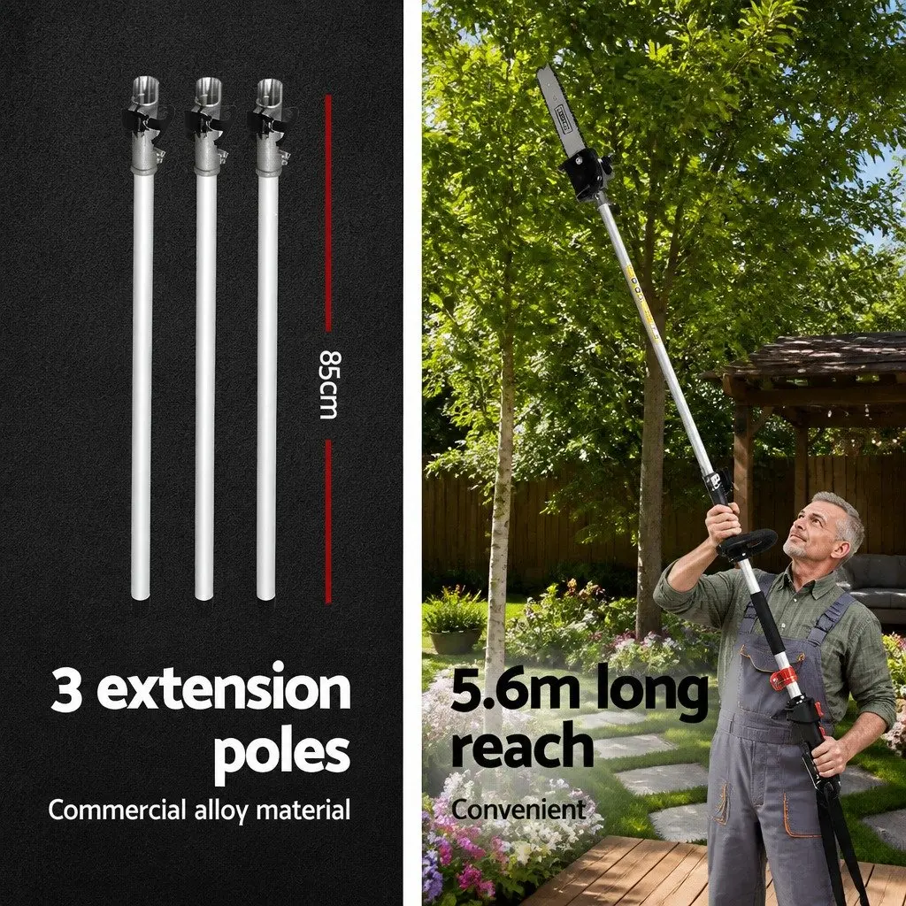 65CC Petrol Chainsaw Pruning Tool Anodised Alloy 5.6 Metres Silver Black