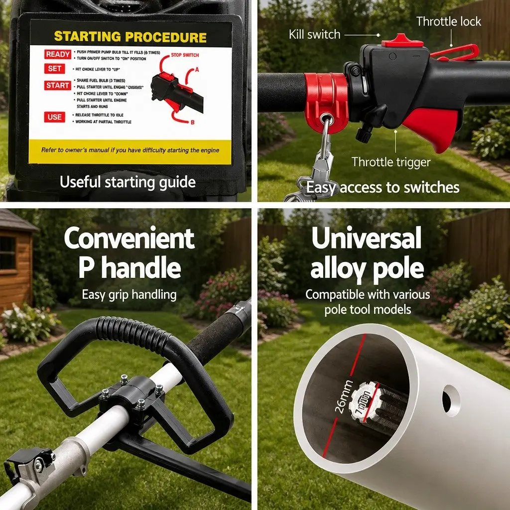 62CC Petrol Pole Chainsaw Hedge Trimmer Brush Cutter Whipper Snipper 9 Piece Garden Tool