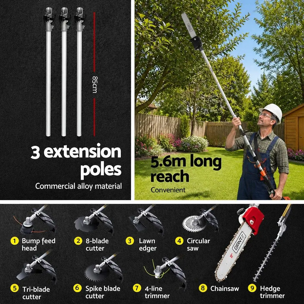 62CC Petrol Pole Chainsaw Hedge Trimmer Brush Cutter Whipper Snipper 9 Piece Garden Tool