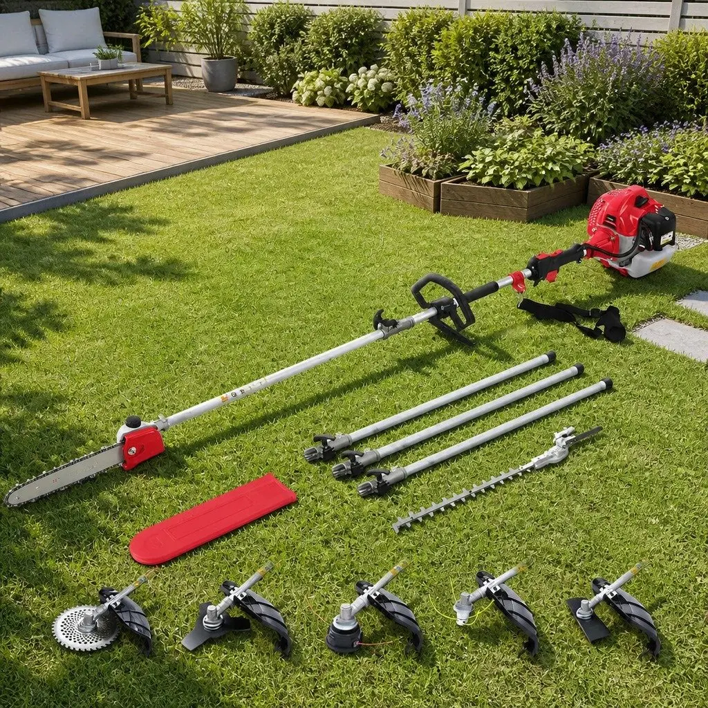 62CC Pole Chainsaw Petrol Multi-Tool 7-in-1 Hedge Trimmer Brush Cutter Whipper Snipper 5.6m Red Black