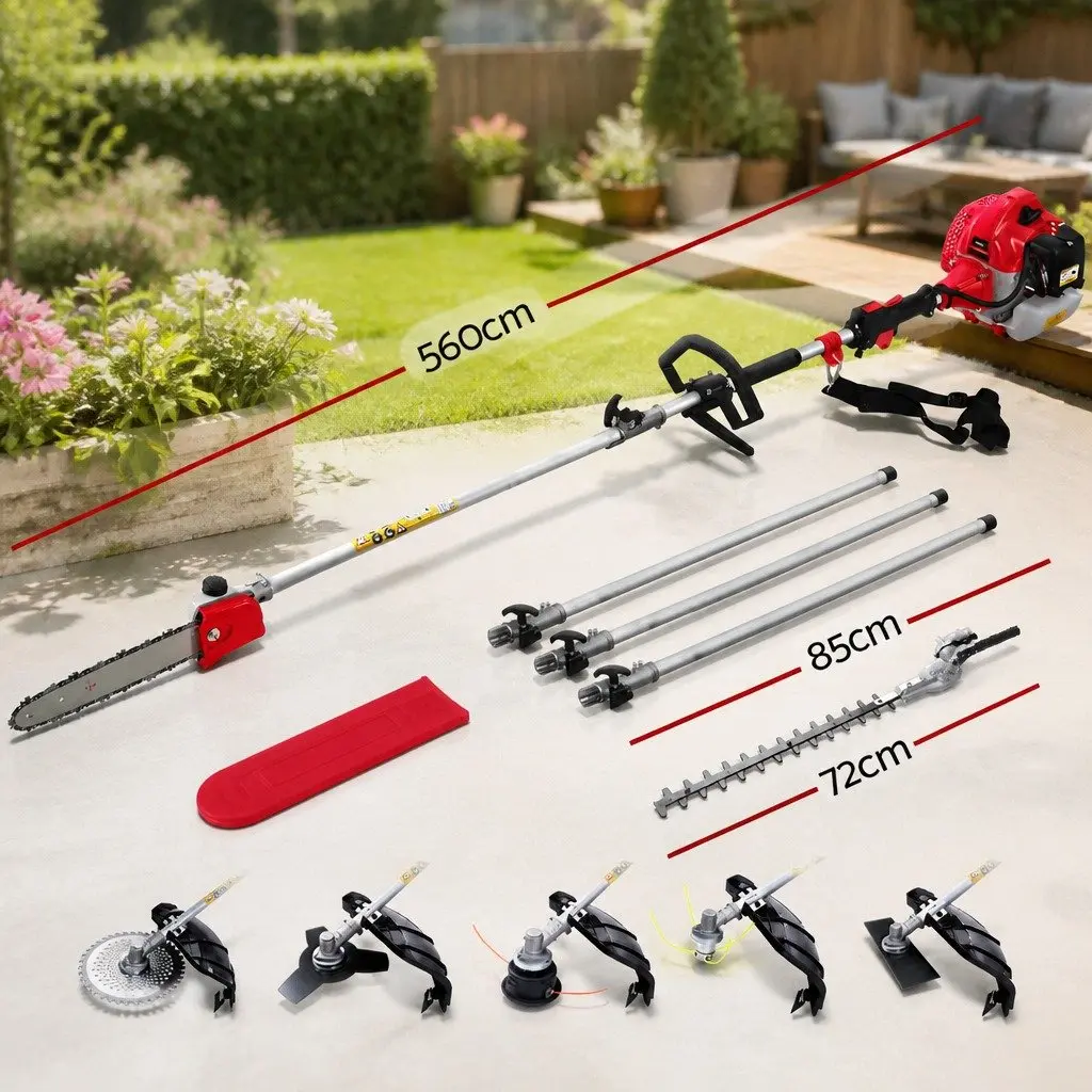 62CC Pole Chainsaw Petrol Multi-Tool 7-in-1 Hedge Trimmer Brush Cutter Whipper Snipper 5.6m Red Black