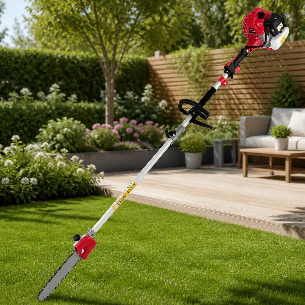 62CC Pole Chainsaw Petrol Multi-Tool 7-in-1 Hedge Trimmer Brush Cutter Whipper Snipper 5.6m Red Black