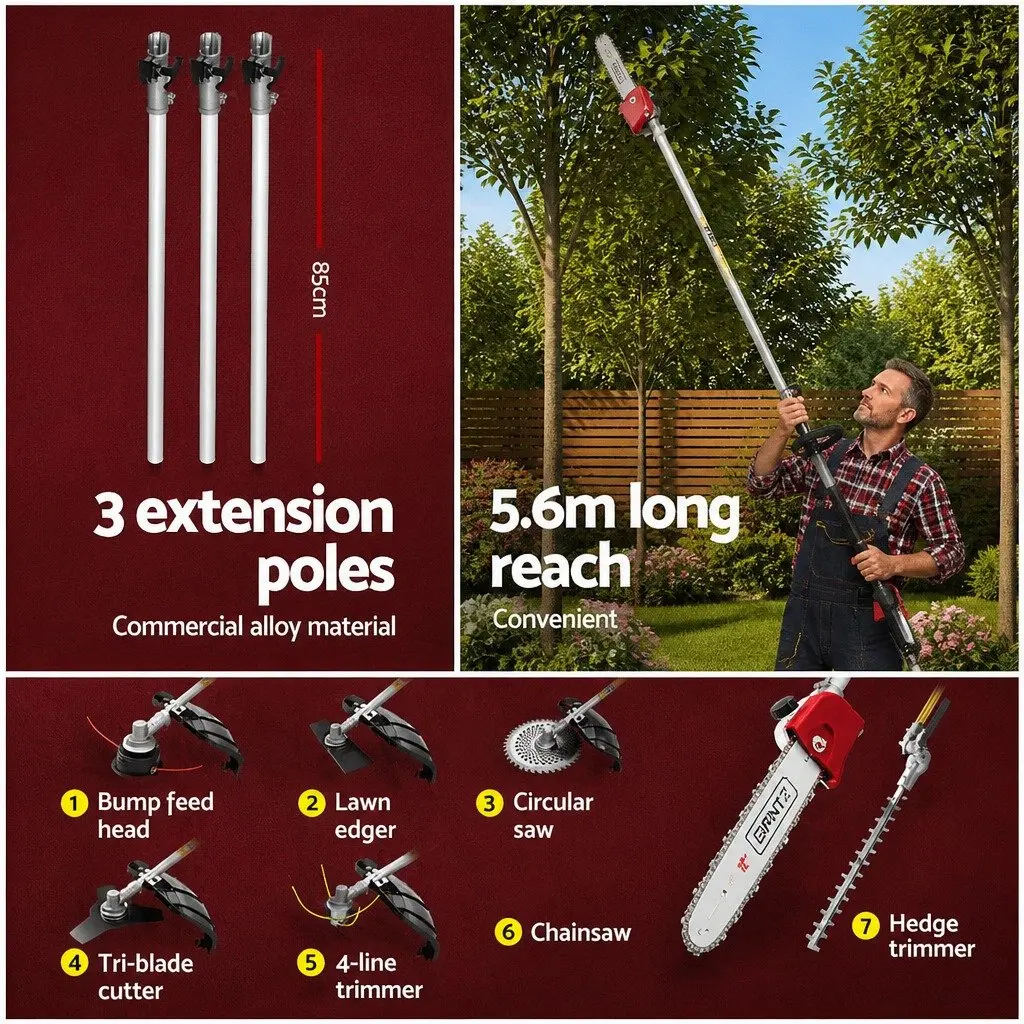 62CC Pole Chainsaw Petrol Multi-Tool 7-in-1 Hedge Trimmer Brush Cutter Whipper Snipper 5.6m Red Black