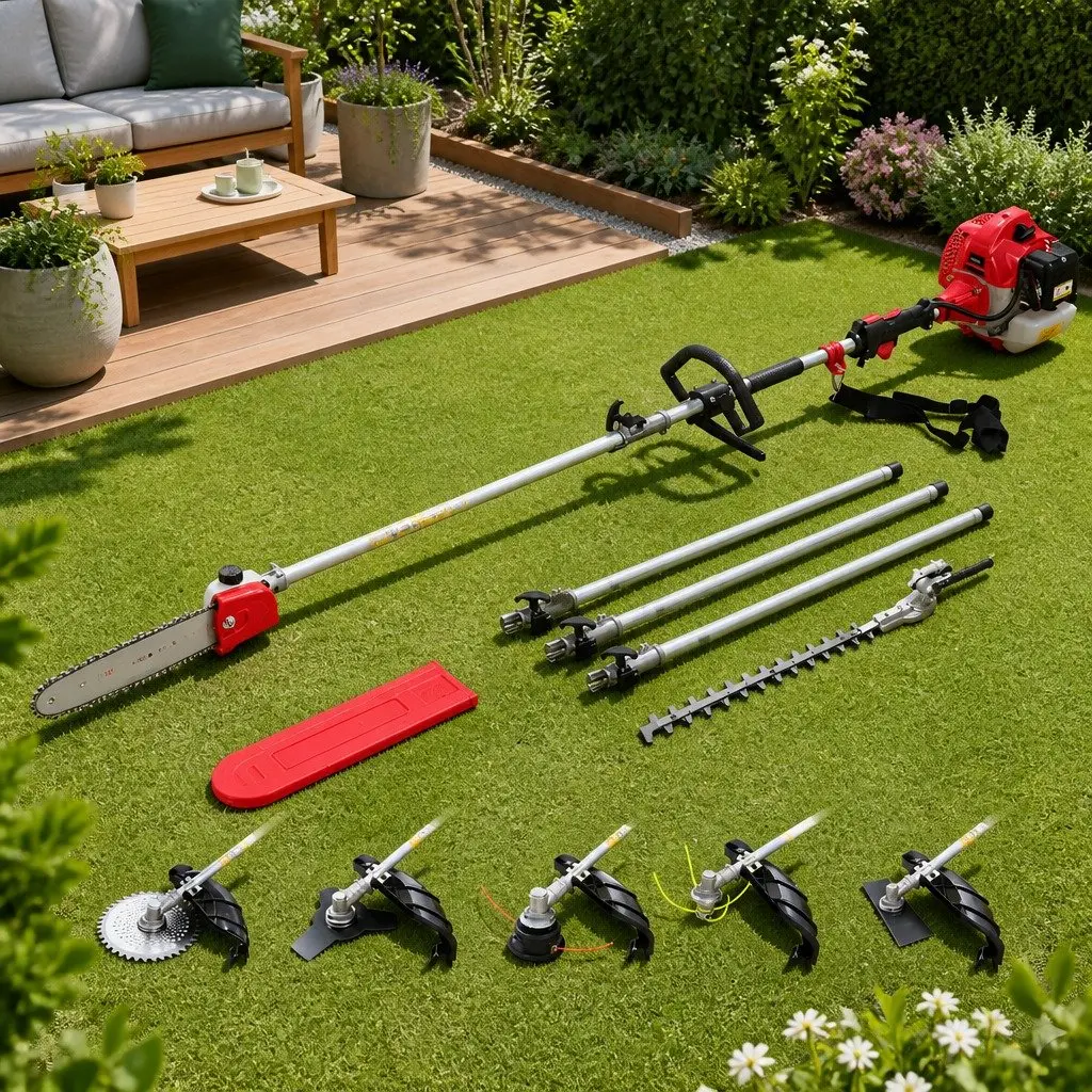 62CC Pole Chainsaw Petrol Multi-Tool 7-in-1 Hedge Trimmer Brush Cutter Whipper Snipper 5.6m Red Black