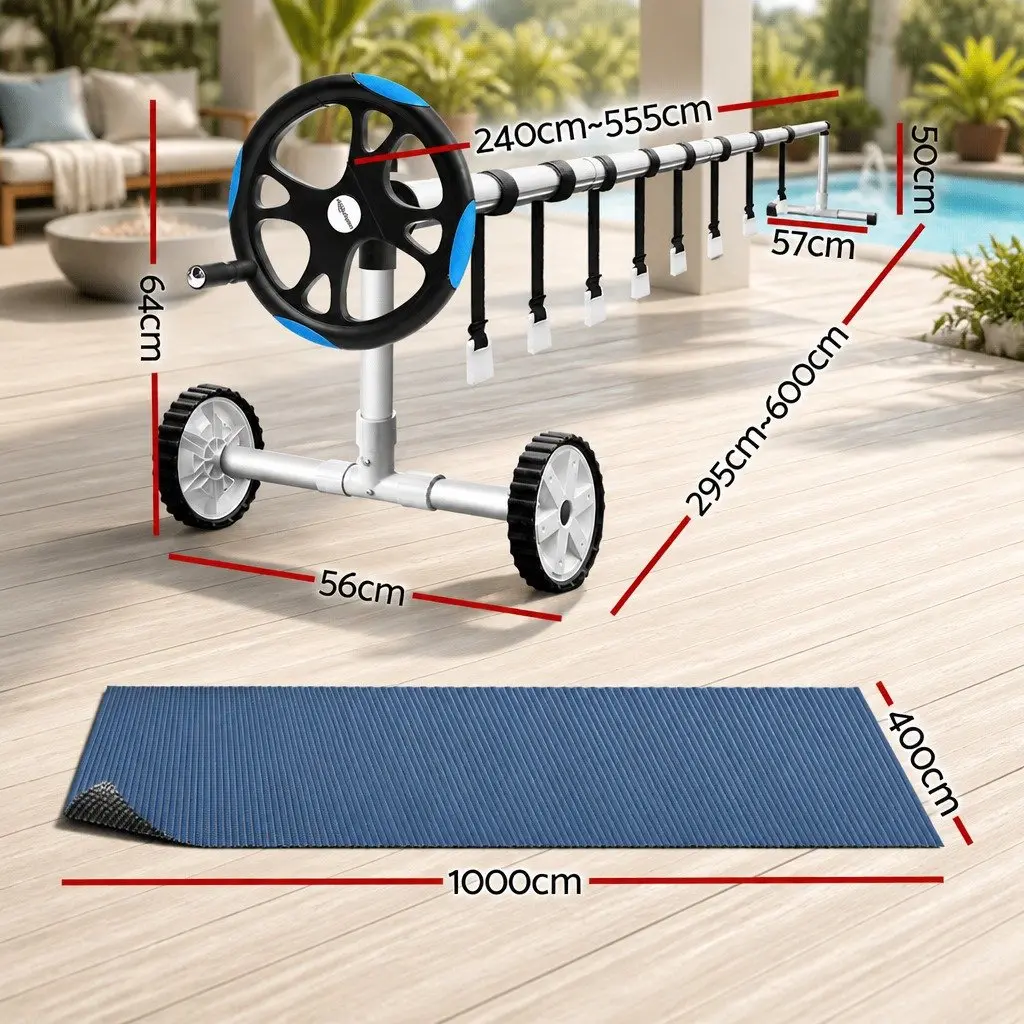 Solar Pool Cover 10x4m LDPE 600 Micron Blue Black with Aluminium Roller 5.55m