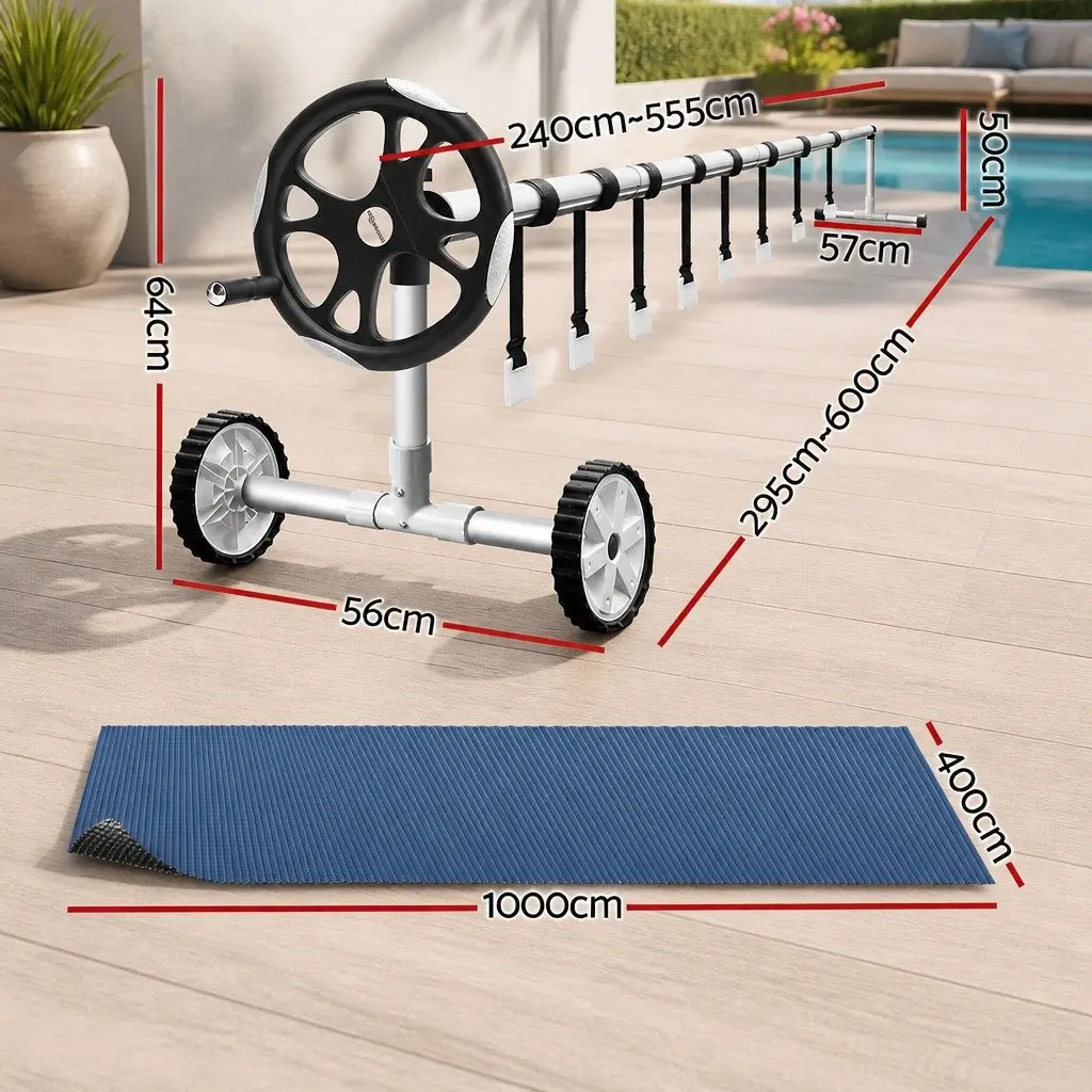 Pool Cover Solar Blanket 10x4m 600 Micron Black Blue with Aluminium Roller 5.55m