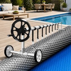 Pool Cover Solar Heat Blanket 10.5x4.2m 600 Micron with Aluminium Roller 5.55m