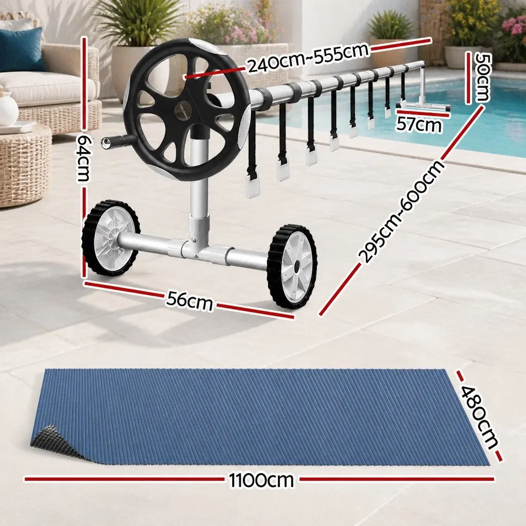 Solar Pool Cover 11x4.8m 600 Micron Black Blue with Aluminium Roller 5.55m