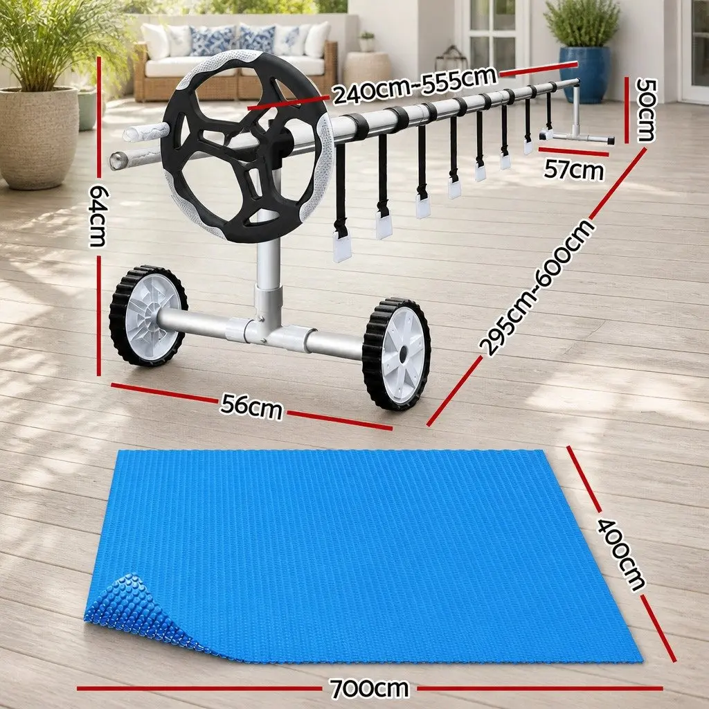 Solar Pool Cover 600 Micron 7x4m Blue with Aluminium Roller 5.55m Adjustable
