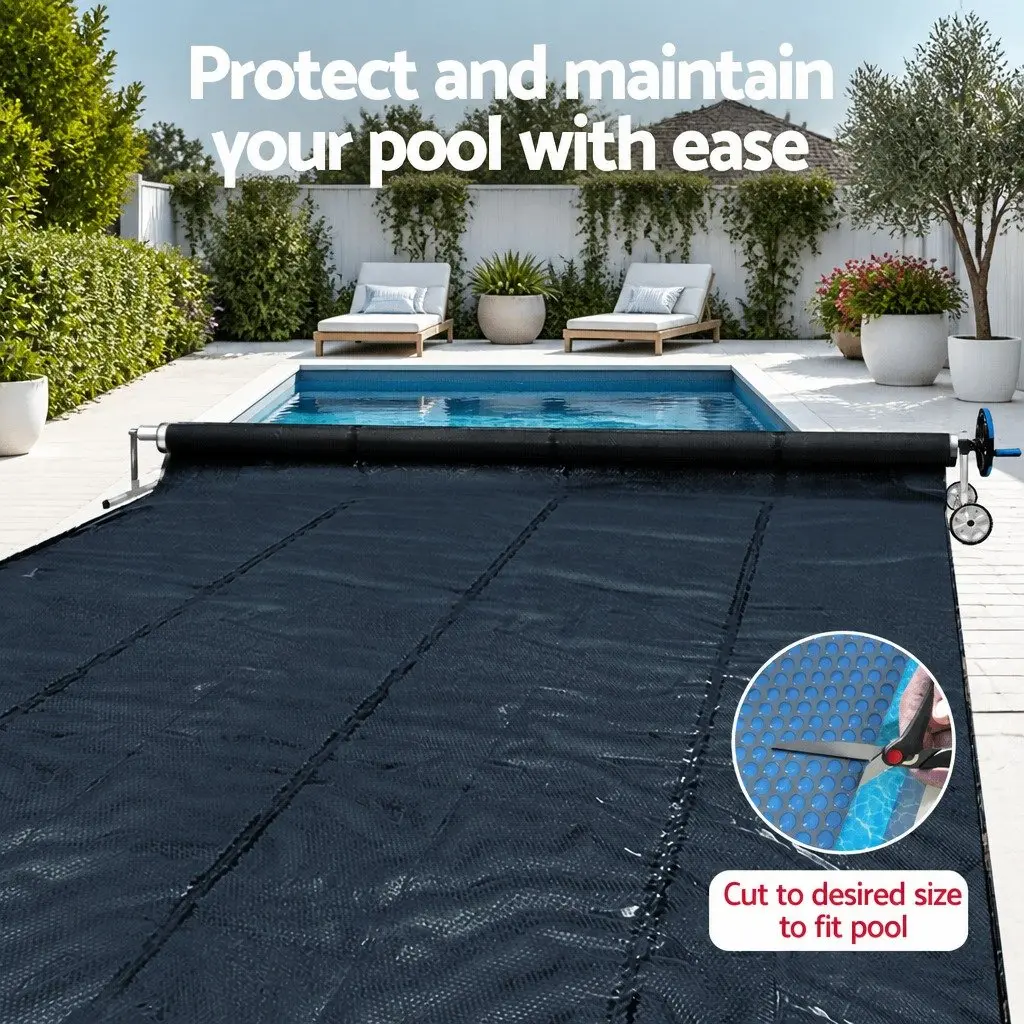 Solar Pool Cover 600 Micron 7x4m Black Blue with Aluminium Roller 5.55m