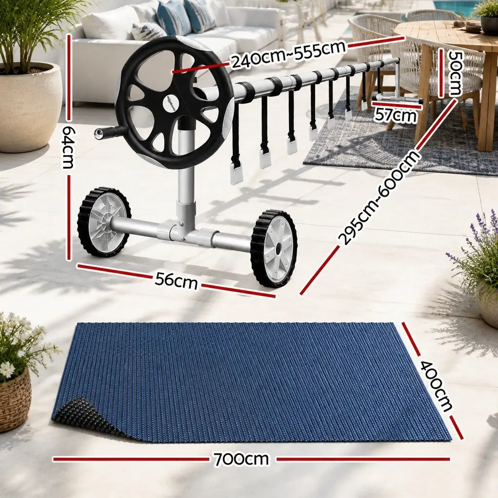 Pool Cover Solar Blanket 600 Micron 7x4m Blue and Black with Aluminium Roller Adjustable 5.55m