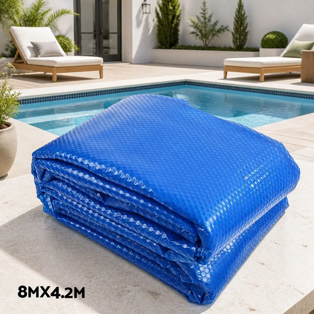 Pool Cover 8m x 4.2m 400 Micron Blue with Aluminium Roller 5.55m
